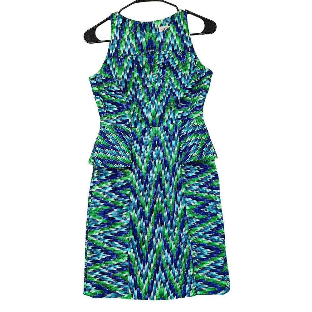 Milly Sheath Dress 2 Blue Green Abstract Peplum Geometric Sleeveless Mini Y3K